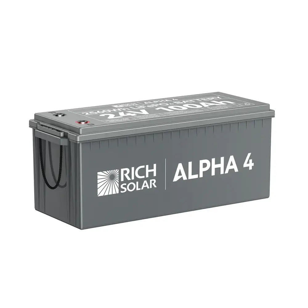 Top-angle view of the Rich Solar ALPHA 4 24V 100Ah LiFePO4 Lithium Battery showing top terminals and built-in carrying handles.