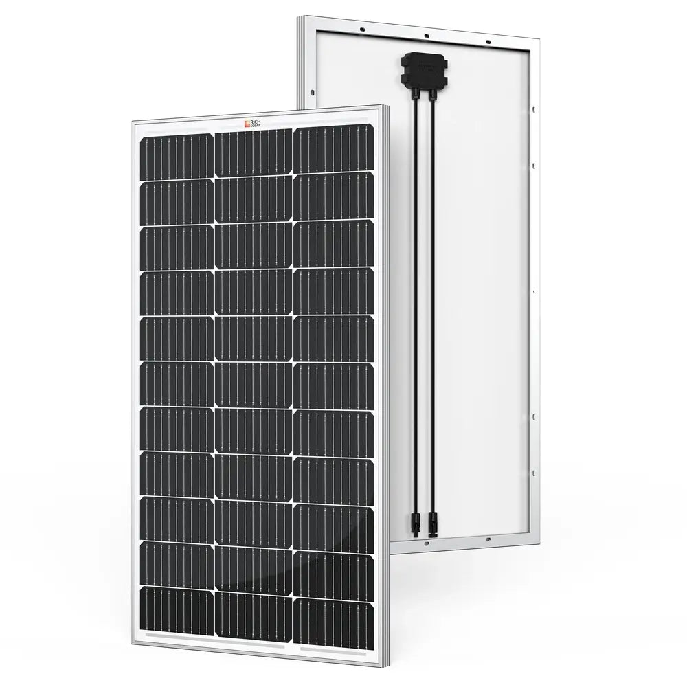 Front and back view of a Rich Solar MEGA 100 100W 12V monocrystalline solar panel, displaying the cell grid layout, junction box, and attached output cables.