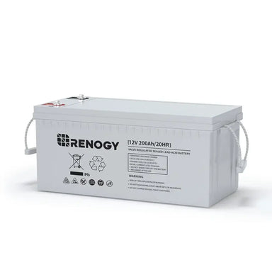 Renogy 12V 200Ah deep cycle AGM battery with carrying rope handles on a clean white background.