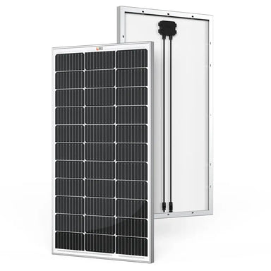 Front and back view of a Rich Solar MEGA 100 100W 12V monocrystalline solar panel, displaying the cell grid layout, junction box, and attached output cables.