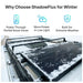 Renogy ShadowFlux anti-shading solar panel with partial snow cover on an RV roof rack demonstrating winter low-light performance.