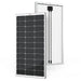 Front and back view of a Rich Solar MEGA 100 100W 12V monocrystalline solar panel, displaying the cell grid layout, junction box, and attached output cables.