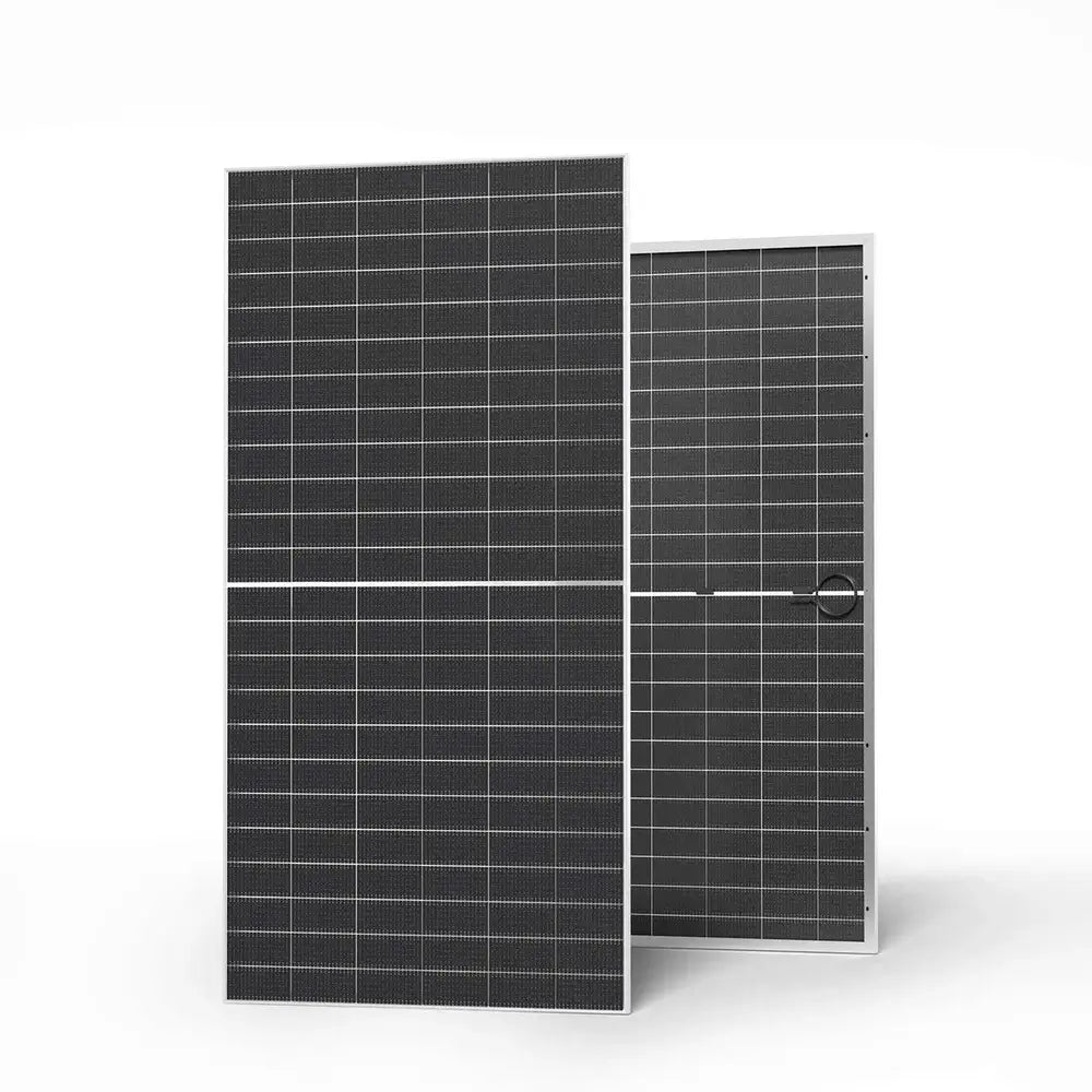 Front and rear view of a Renogy 590W Bifacial Monocrystalline Solar Panel showing the premium N-type cell structure and durable silver aluminum frame on a clean white background.