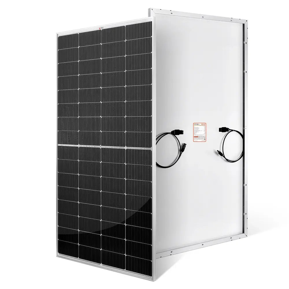 Front and back view of a Rich Solar MEGA 250W monocrystalline solar panel showing the dark silicon cells and split junction box wiring.