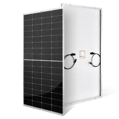 Front and back view of a Rich Solar MEGA 250W monocrystalline solar panel showing the dark silicon cells and split junction box wiring.