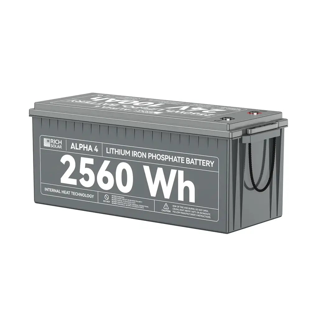 Side-angle view of the Rich Solar ALPHA 4 24V Lithium Iron Phosphate Battery highlighting the 2560Wh capacity label.