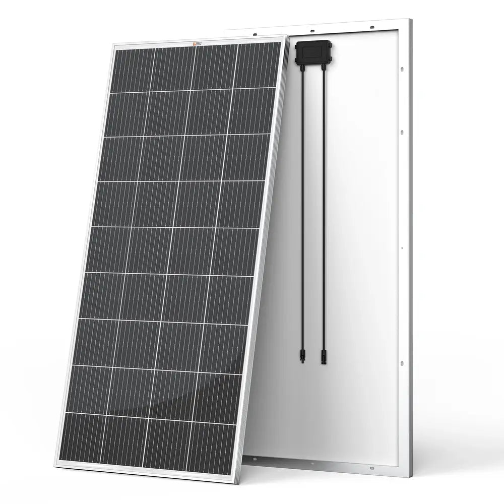 Side profile and front view of the Rich Solar 200W solar panel illustrating its sleek design and high-quality build.