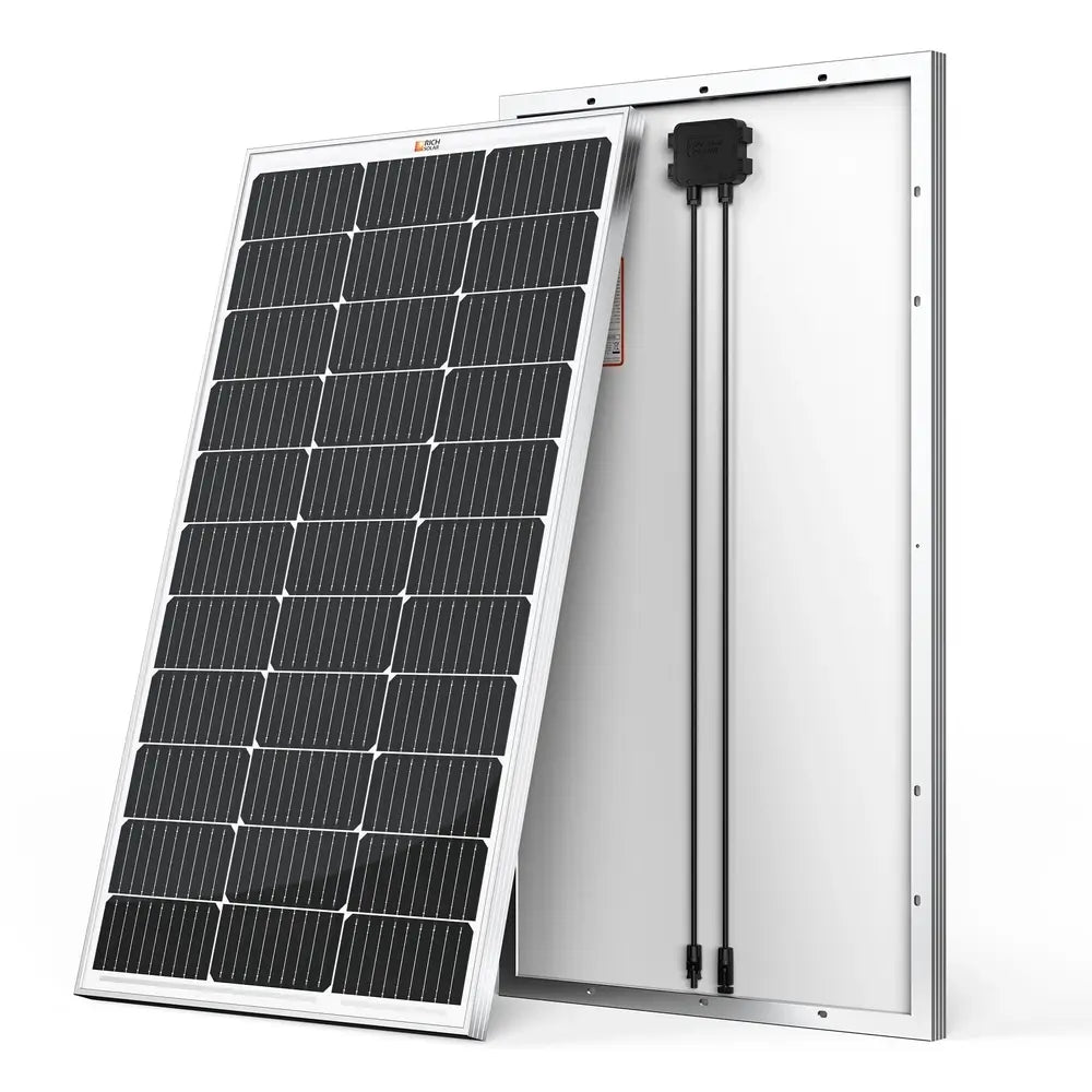 Angled front and rear display of the Rich Solar MEGA 100W 12V monocrystalline solar panel with a corrosion-resistant aluminum frame.