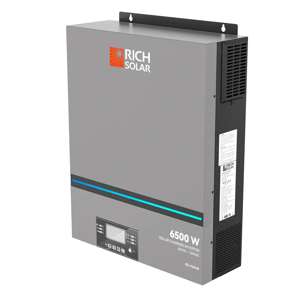 Rich Solar NOVA 6K 6500W 48V hybrid inverter model RS-H6548 in a three-quarter perspective view showing the front panel and side cooling vents.
