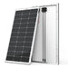 Angled front and rear display of the Rich Solar MEGA 100W 12V monocrystalline solar panel with a corrosion-resistant aluminum frame.