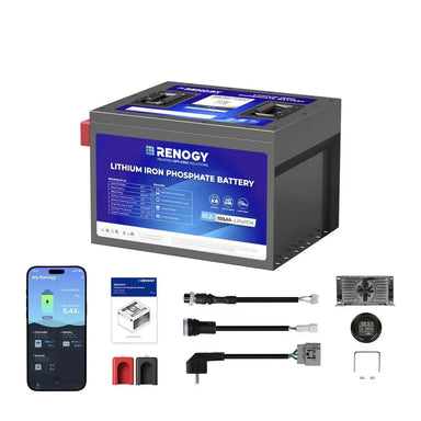 Renogy 48V 105Ah lithium golf cart battery bundle with 20A charger, accessories, and My Renogy smartphone application.