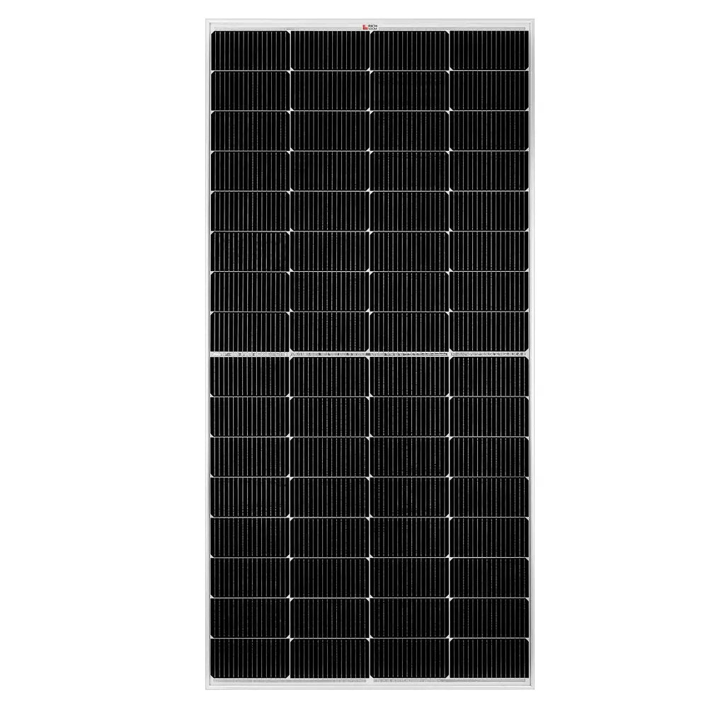 Direct front view of the Rich Solar MEGA 250 250W monocrystalline solar panel highlighting the grid pattern of the half-cut solar cells.