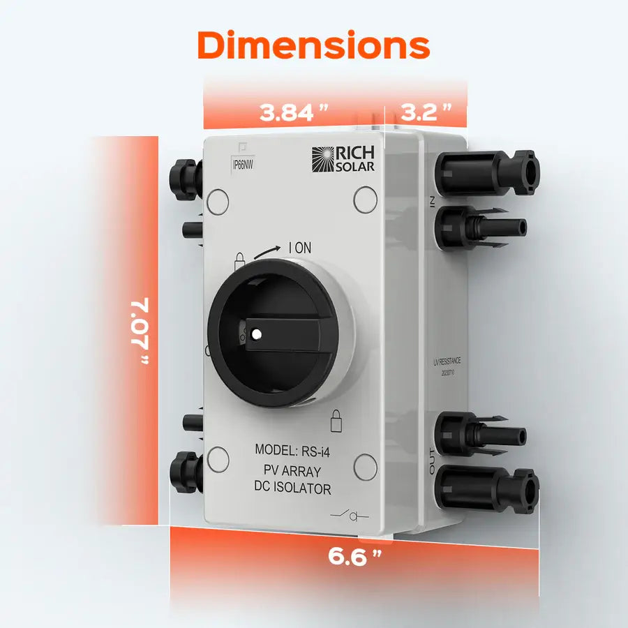 Product dimensions diagram for the Rich Solar RS-i4 PV array DC isolator switch.