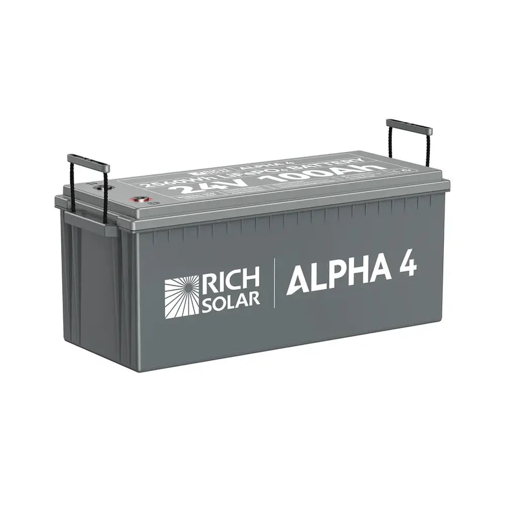 Full angled view of the Rich Solar ALPHA 4 24V 100Ah Deep Cycle Lithium Battery with its rope carrying handles extended.