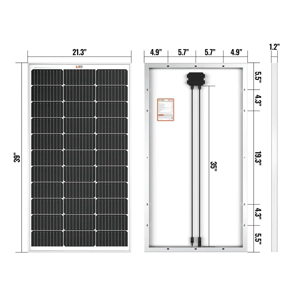Detailed dimension diagram of the Rich Solar MEGA 100W solar panel showing its 39" x 21.3" x 1.2" physical size and rear mounting hole spacing specs.