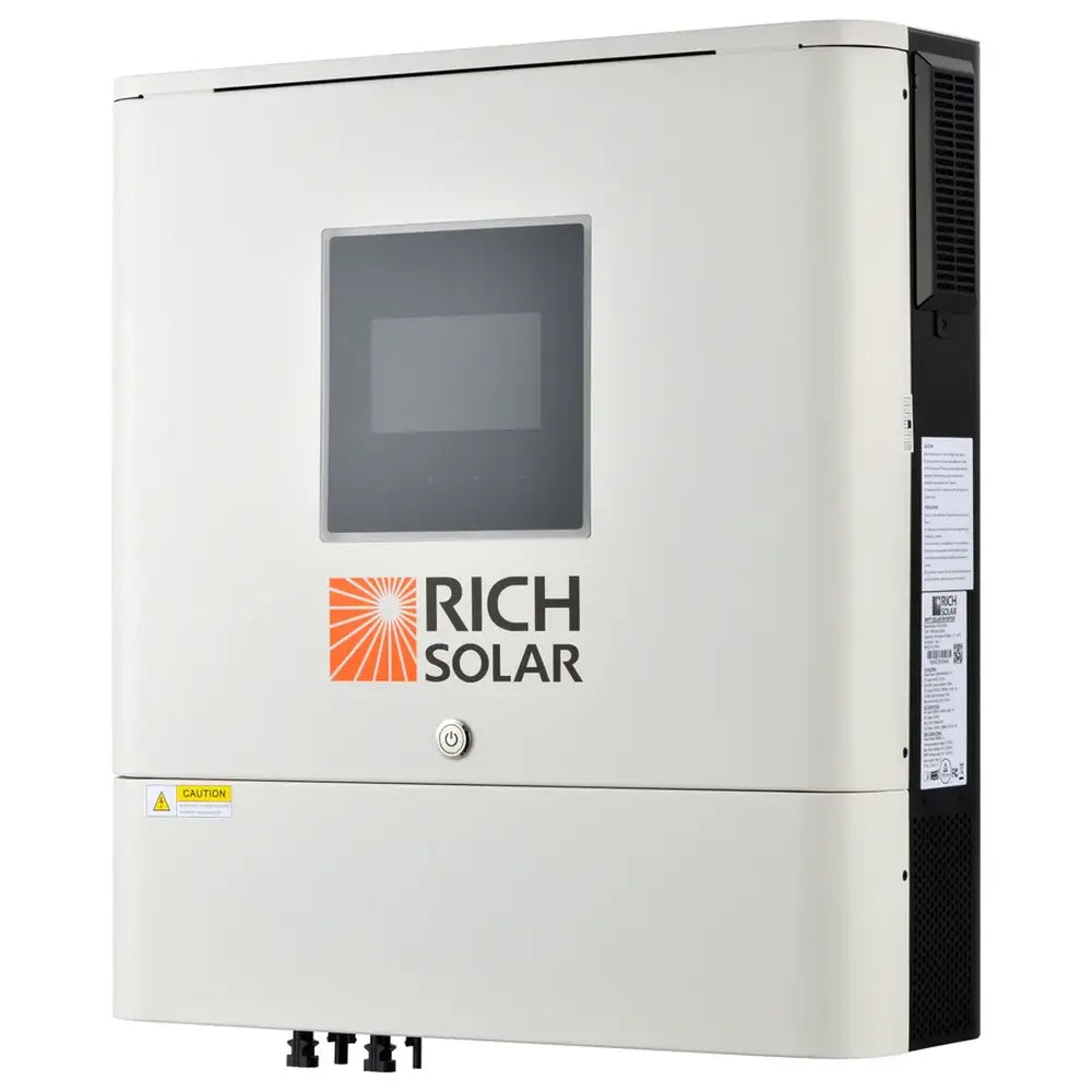 Angled front view showing the white cover and black side ventilation of the Rich Solar NOVA 6500S hybrid inverter.