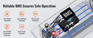 Internal cutaway view graphic of the Rich Solar ALPHA 2 LITE 12V 200Ah LiFePO4 battery highlighting its built-in smart BMS safety protections against overcharging, short-circuiting, and extreme temperatures.