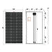 Detailed dimension diagram of the Rich Solar MEGA 100W solar panel showing its 39" x 21.3" x 1.2" physical size and rear mounting hole spacing specs.
