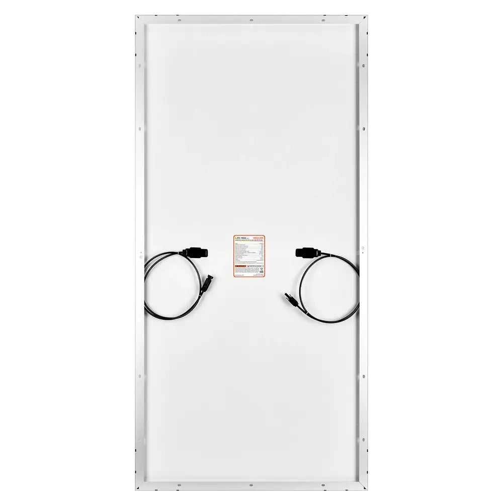 Rear view of the Rich Solar MEGA 250W solar panel featuring the white backsheet, spec label, and dual split junction boxes with MC4 cables.