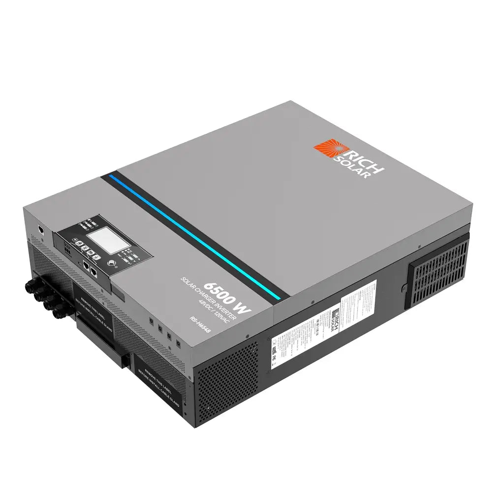 Isometric top-down view of the Rich Solar 6500W hybrid solar inverter highlighting the LCD display, front branding, and lower connection ports.