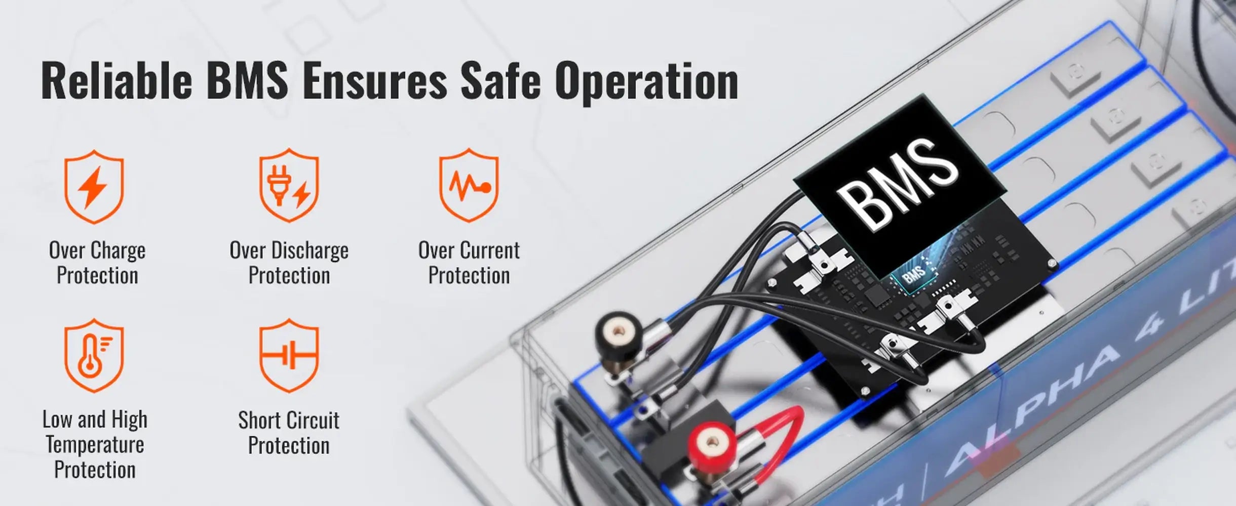 X-ray view of the Rich Solar 24V ALPHA 4 LITE battery displaying the built-in Battery Management System (BMS) with icons for overcharge, short circuit, and temperature protections.
