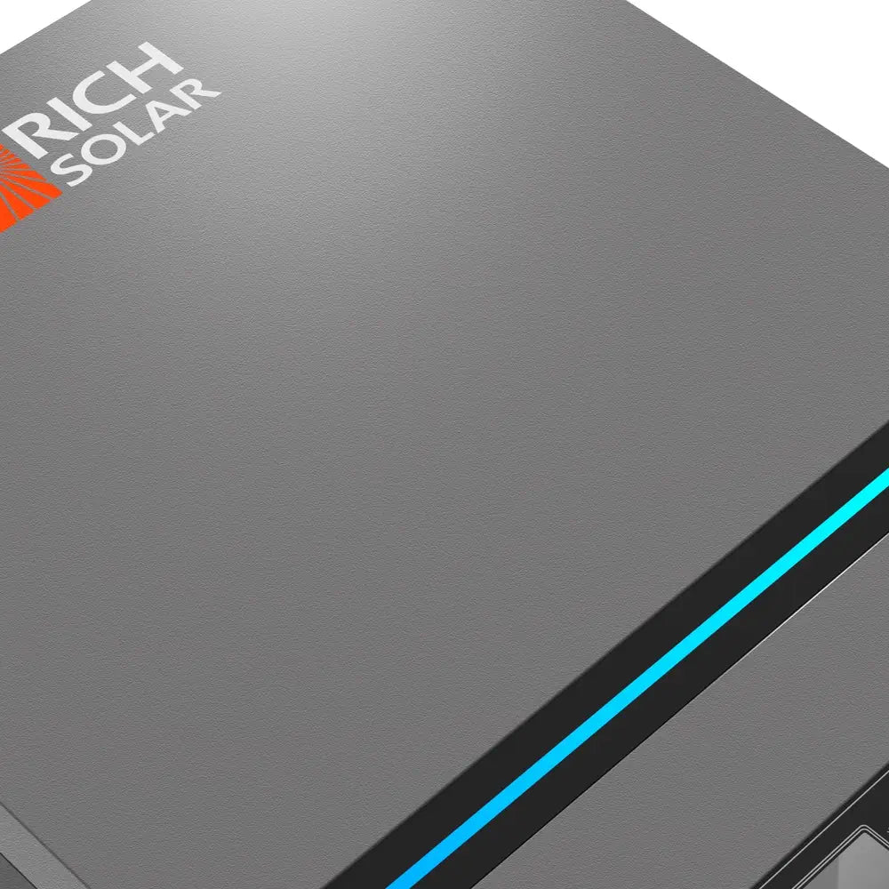 Close-up detail shot of the Rich Solar logo and glowing blue LED status indicator line on the matte gray inverter chassis.