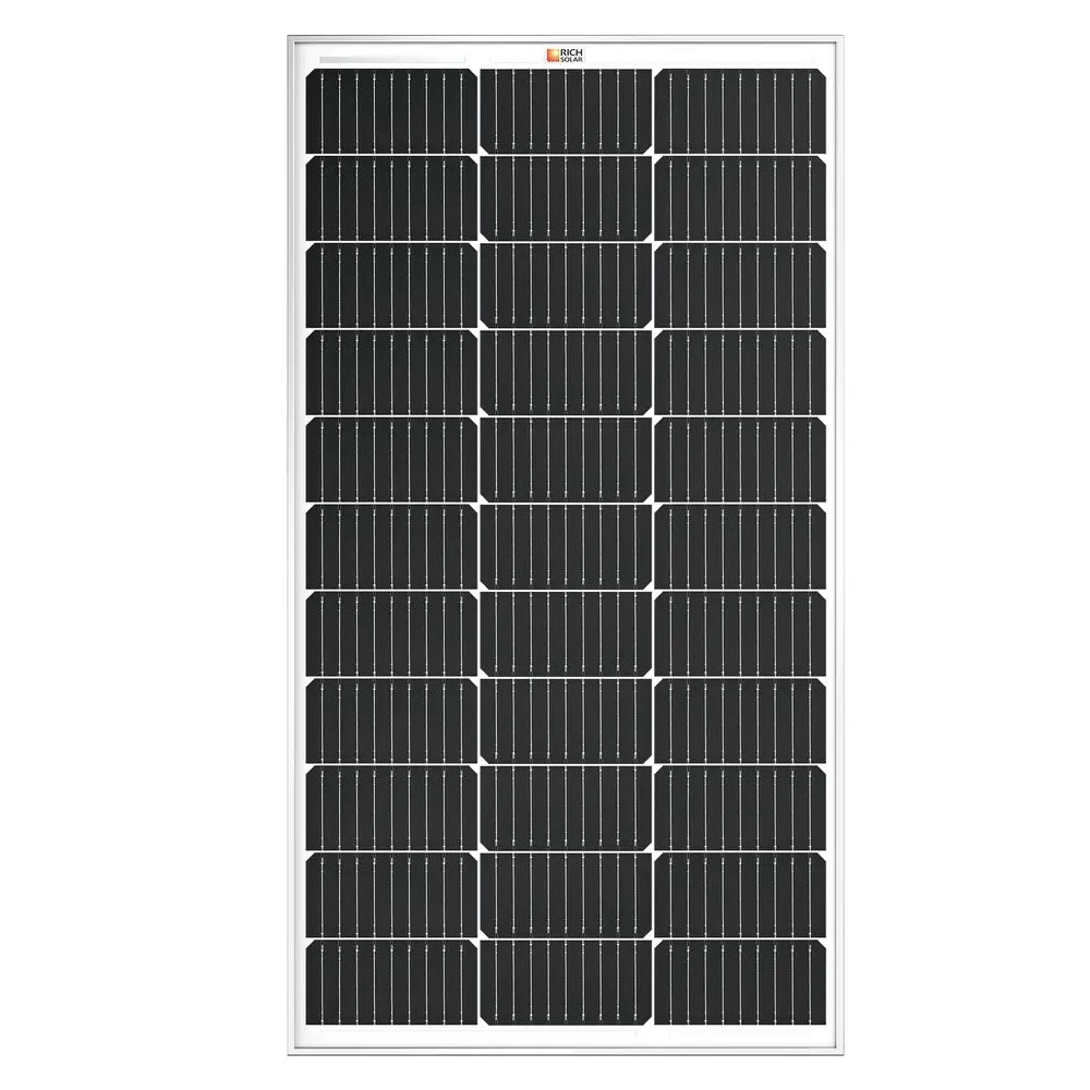Full top-down front view of a Rich Solar MEGA 100 100W 12V monocrystalline solar panel grid.