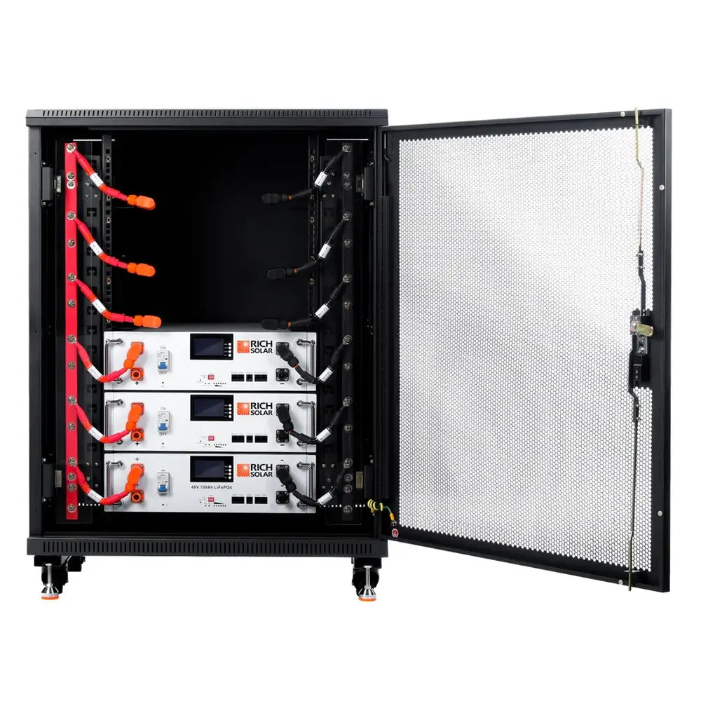 Empty black solar battery server rack cabinet with an open mesh door and pre-wired red and black connection cables.