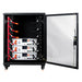 Empty black solar battery server rack cabinet with an open mesh door and pre-wired red and black connection cables.