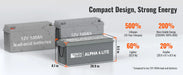 Size comparison showing the Rich Solar 24V ALPHA 4 LITE battery is 60% lighter, 20% smaller, and holds more usable energy than two traditional 12V 100Ah lead-acid batteries.