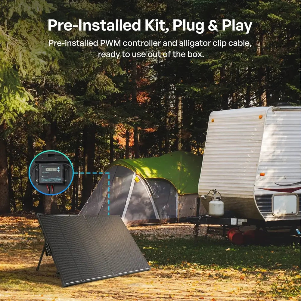 Renogy 200W portable solar panel kit deployed at a campsite next to a tent and an RV, showcasing its plug-and-play pre-installed PWM controller.