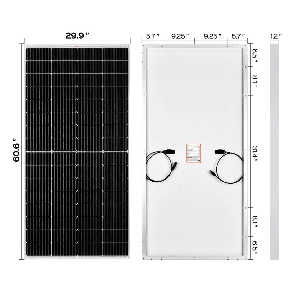 Technical dimension diagram of the Rich Solar MEGA 250W solar panel showing front, back, and side frame measurements in inches.