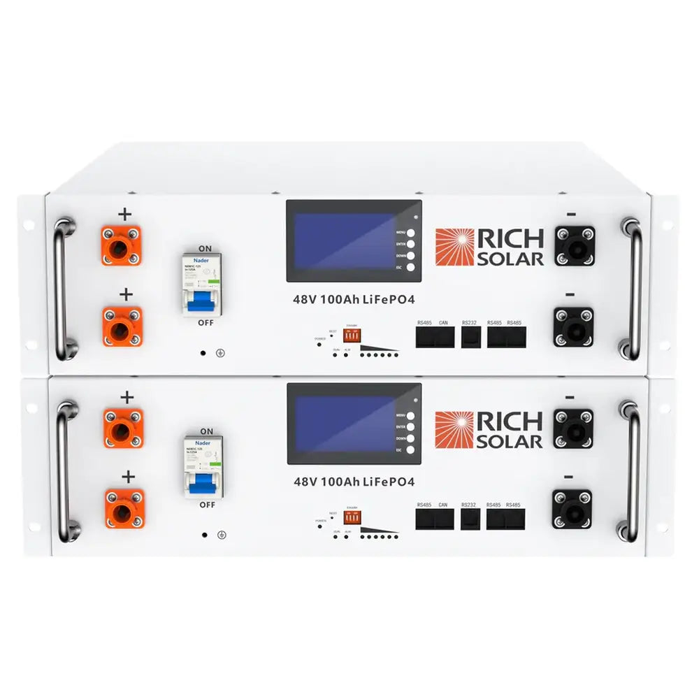 Three Rich Solar ALPHA 5 48V 100Ah server rack batteries installed and wired inside a black solar energy storage enclosure.