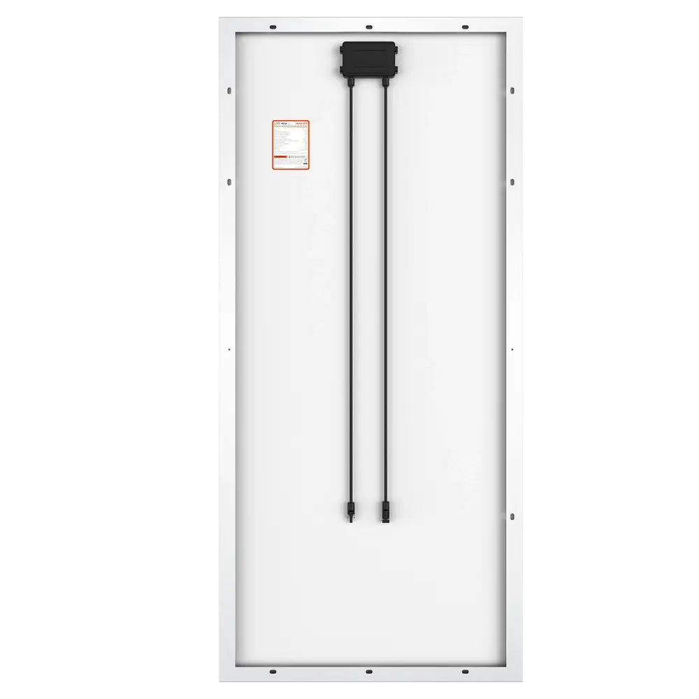 Underside view of the Rich Solar 200W solar panel showing the central junction box and clean wiring layout.