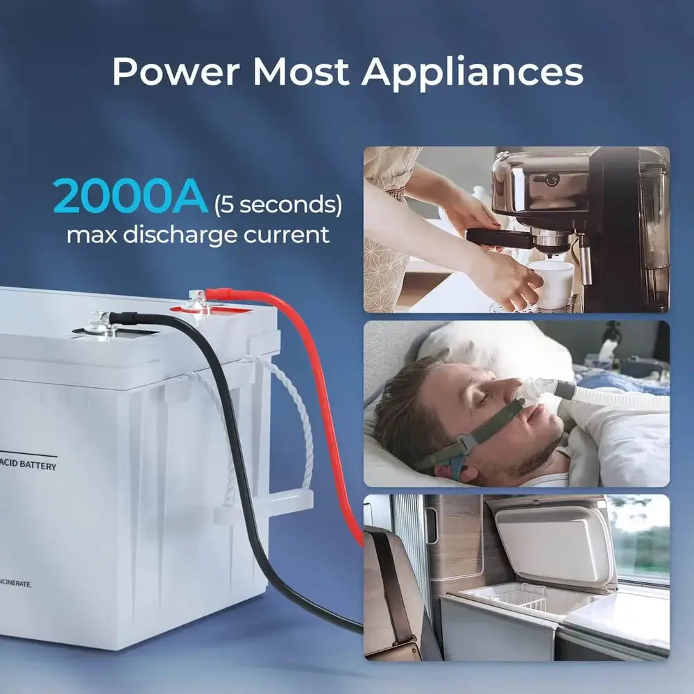 Renogy 12V 200Ah battery with 2000A max discharge current powering appliances like a coffee maker, CPAP machine, and RV refrigerator.
