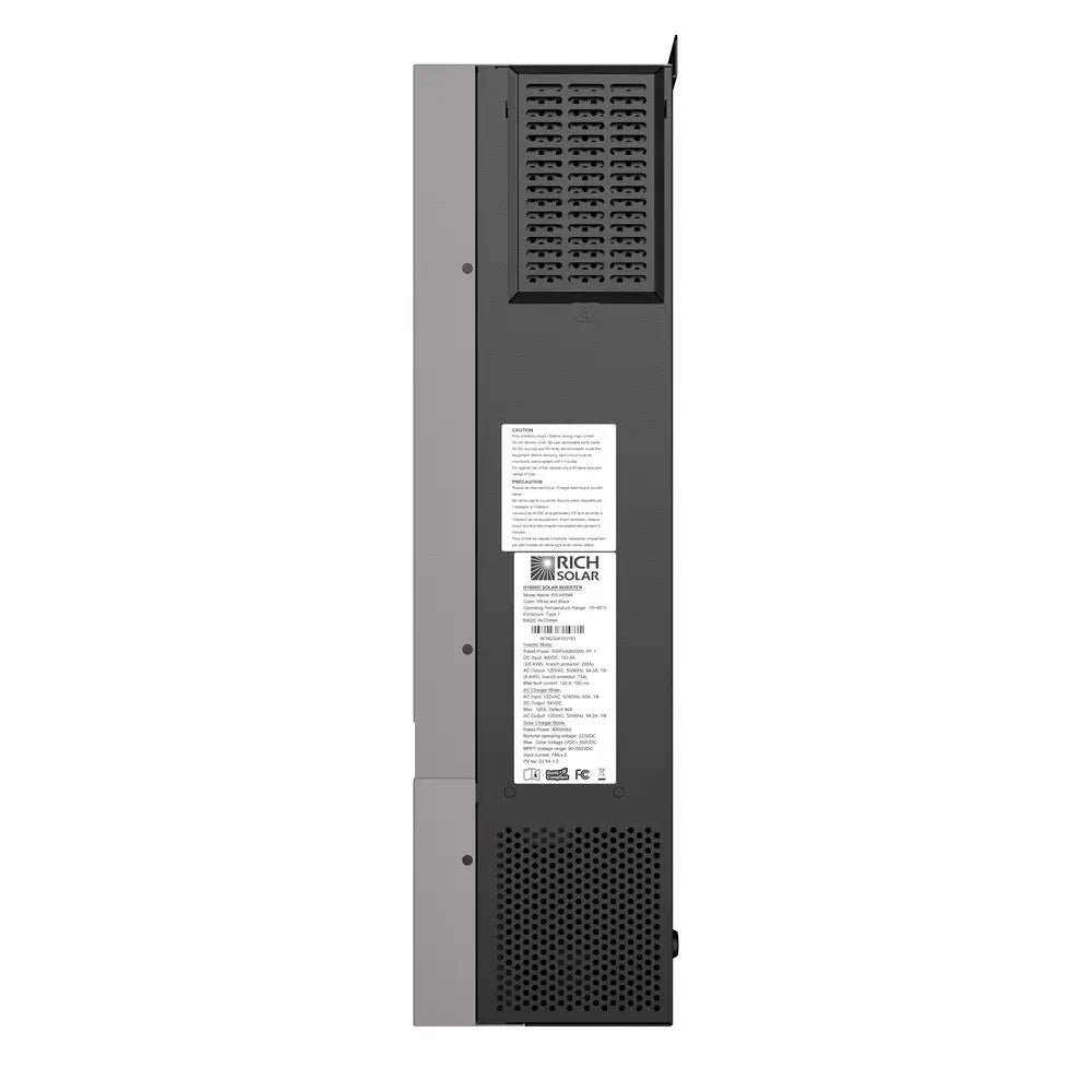 Side profile view of the Rich Solar RS-H6548 6500W inverter displaying the technical specification sheet and side air ventilation grid.