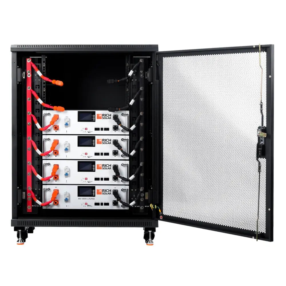Bank of four Rich Solar ALPHA 5 48V 100Ah LiFePO4 lithium batteries connected in a server rack cabinet.