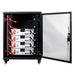 Bank of four Rich Solar ALPHA 5 48V 100Ah LiFePO4 lithium batteries connected in a server rack cabinet.