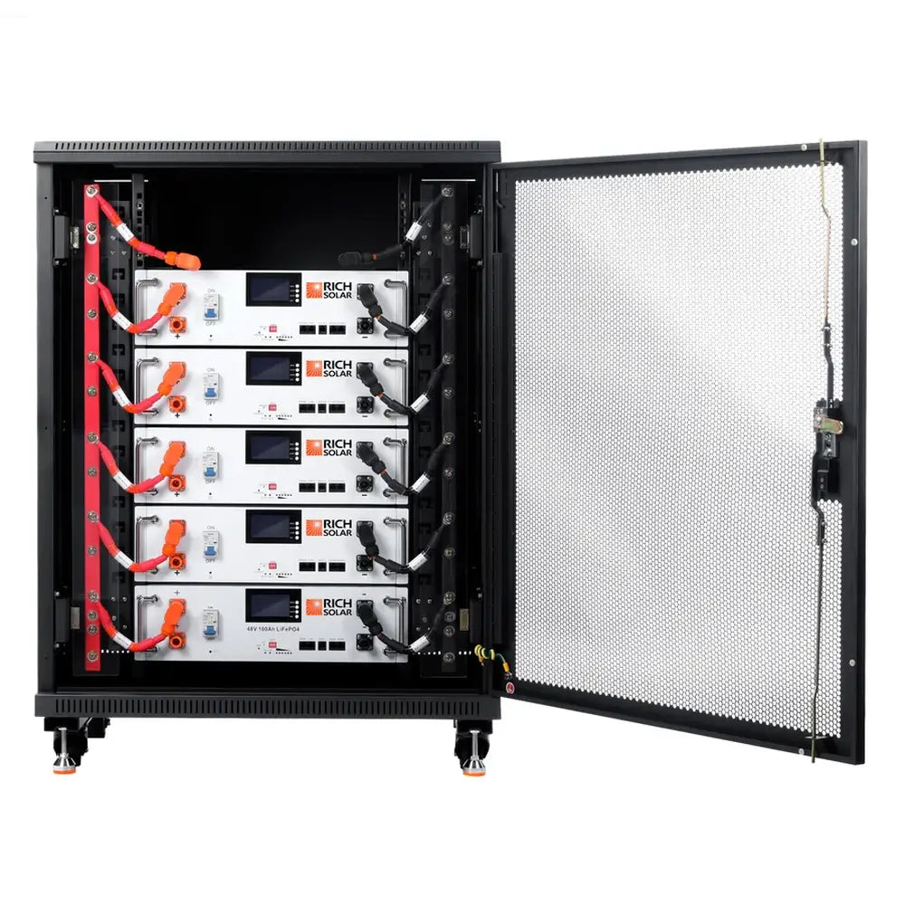 Five Rich Solar ALPHA 5 48V 100Ah lithium server rack batteries wired together in a home energy storage rack system.