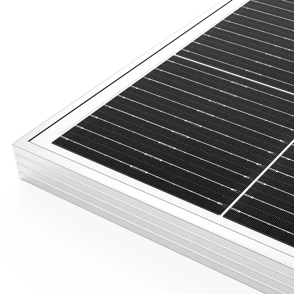 Angle view of the Rich Solar 200W module demonstrating the low-profile design of the frame and junction box.