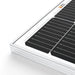 Close-up macro detail of the silver anodized aluminum frame corner and monocrystalline solar cells on a Rich Solar MEGA 100 panel.