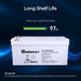 Long shelf life infographic for Renogy 12V 200Ah AGM battery showing 97 percent charge retention after 1 month of non-use.