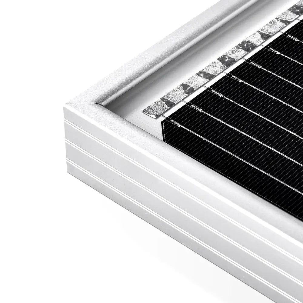 Close-up shot of the IP68 waterproof, 1500V rated split junction box and output cable on a Rich Solar MEGA solar panel.