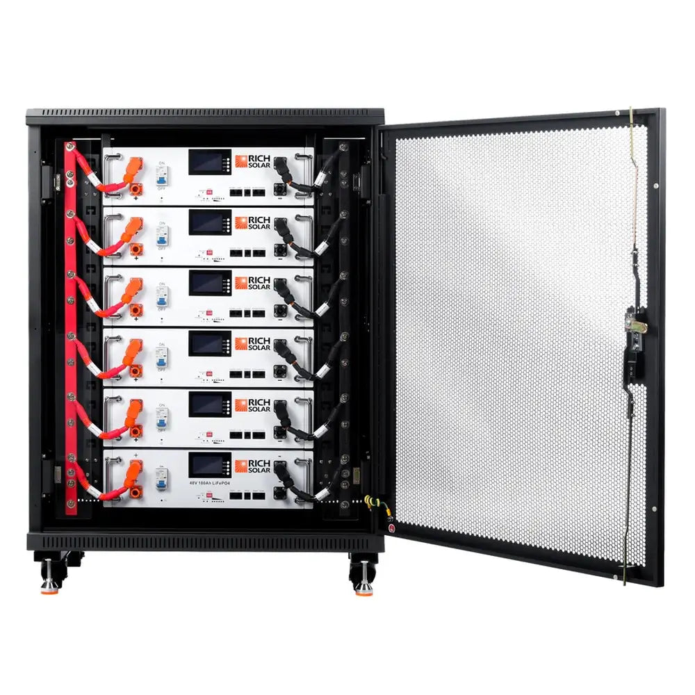 Six Rich Solar ALPHA 5 48V 100Ah server rack batteries fully populated and connected inside a black storage rack cabinet.