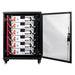 Six Rich Solar ALPHA 5 48V 100Ah server rack batteries fully populated and connected inside a black storage rack cabinet.