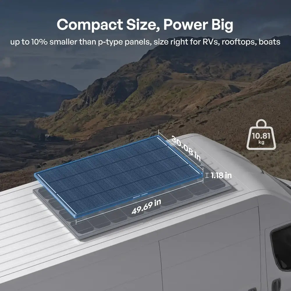 Dimensions and weight diagram of Renogy ShadowFlux 120W solar panel mounted on a camper van roof, highlighting its compact design.