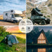 Four-panel collage displaying Renogy 200W folding solar panel applications for RV travel, off-road vehicles, outdoor camping tents, and off-grid cabins.