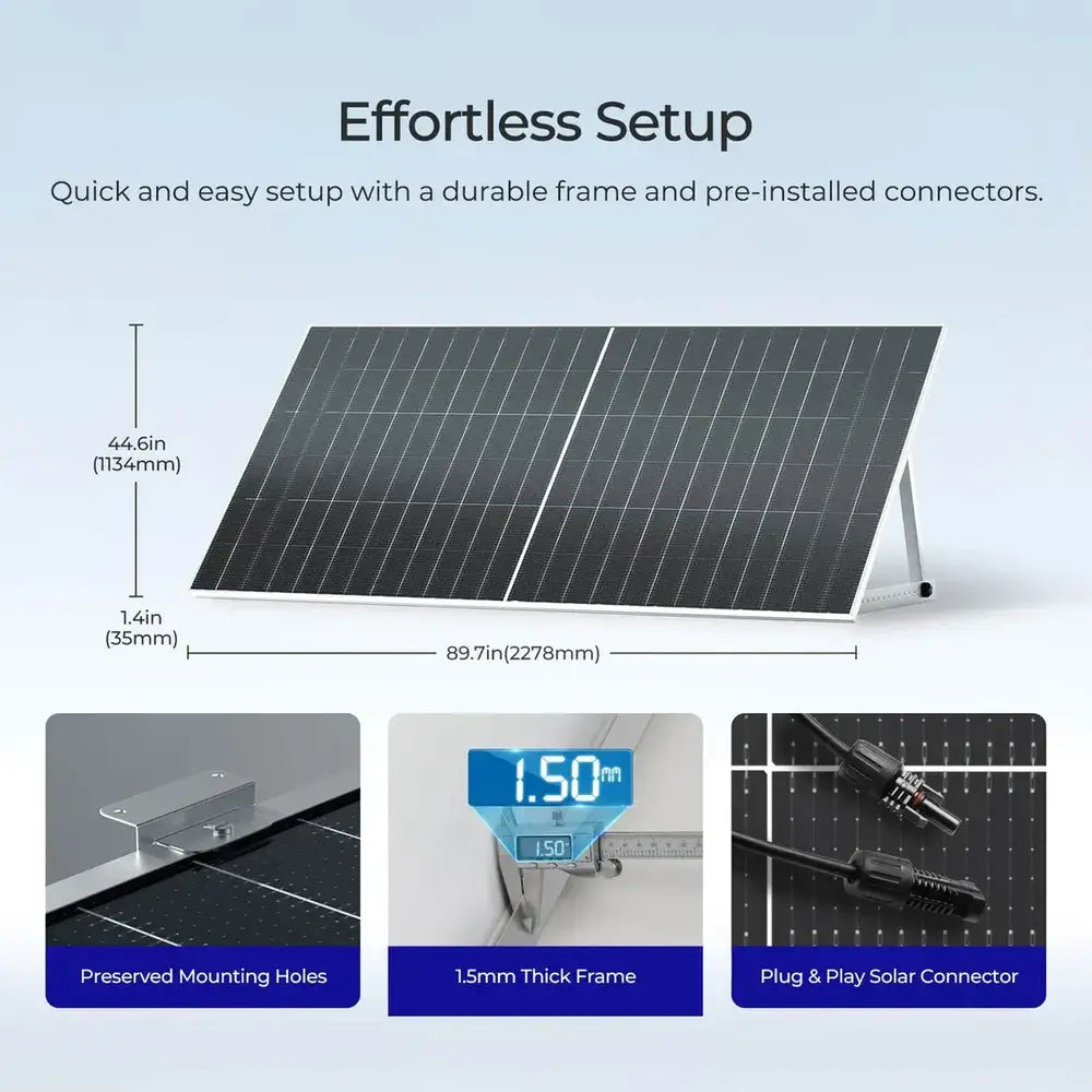 Dimension and installation diagram of the Renogy 590W solar panel measuring 89.7 by 44.6 inches, highlighting its 1.5mm thick frame, preserved mounting holes, and plug-and-play solar connectors.