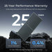 Renogy solar panel warranty infographic outlining a 25-year performance warranty with a 1% first-year degradation rate and a 10-year material and workmanship guarantee.