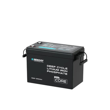 Studio product photo of the compact Renogy 12V 200Ah Deep Cycle Lithium Iron Phosphate Core Mini battery featuring top terminals and integrated carrying handles on a white background.